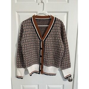 Women S Geometric Pattern V Neck Cardigan Sweater Button Front Brown Black White